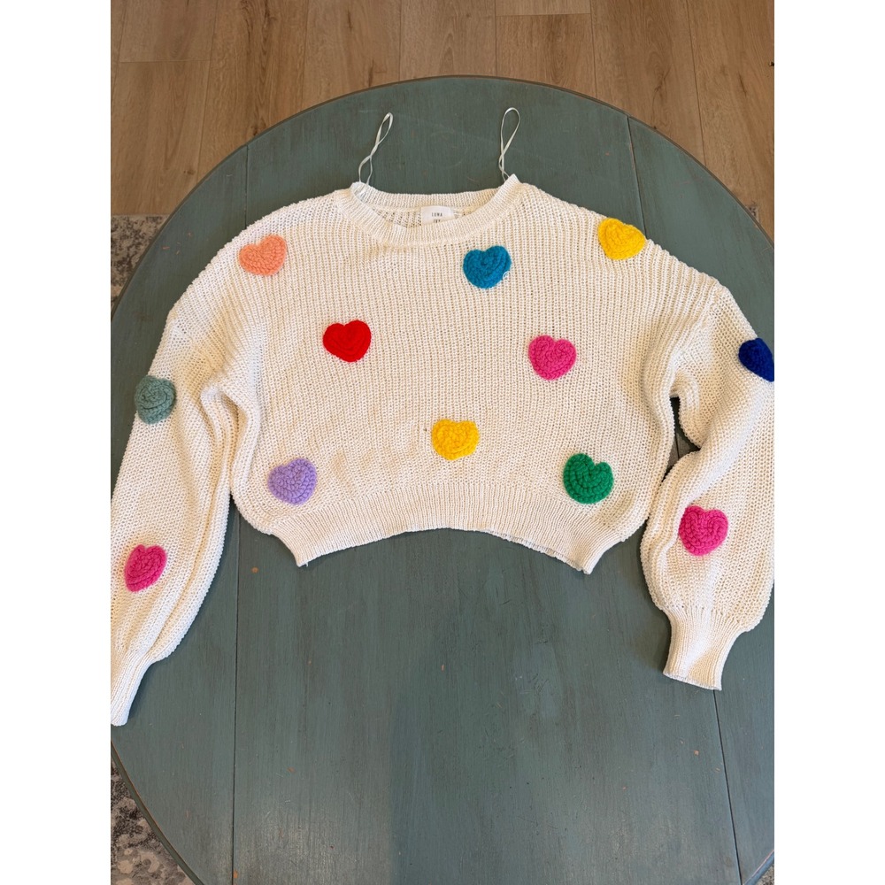 Luna Ivy Cream Cropped Knit Sweater Colorful Crochet Hearts XS STA2544